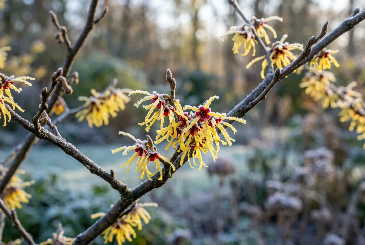 Witch hazel flowers in winter showing yellow spidery petals with red centres on frosted bare branches