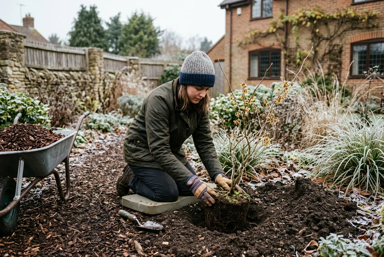 Planting a young witch hazel in a prepared border with rootball visible and mulch nearby