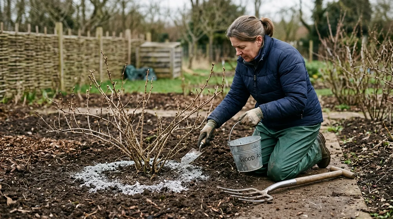 UK gardener applying a measured ring of wood ash around the base of a mature gooseberry bush in late February, bare canes pruned, brown garden soil