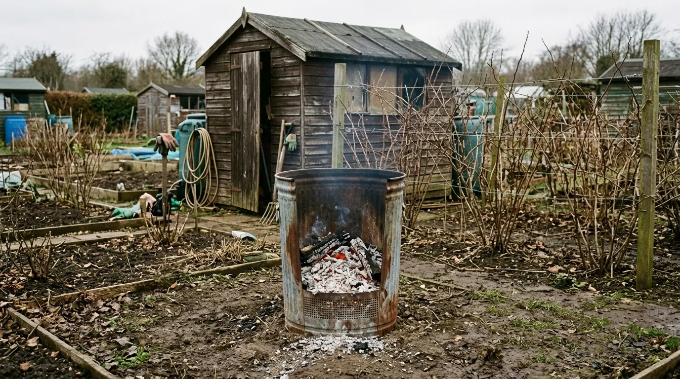 UK allotment garden bonfire on a metal incinerator in late winter, fire dying down with white hardwood ash visible at the base, smoke barely rising