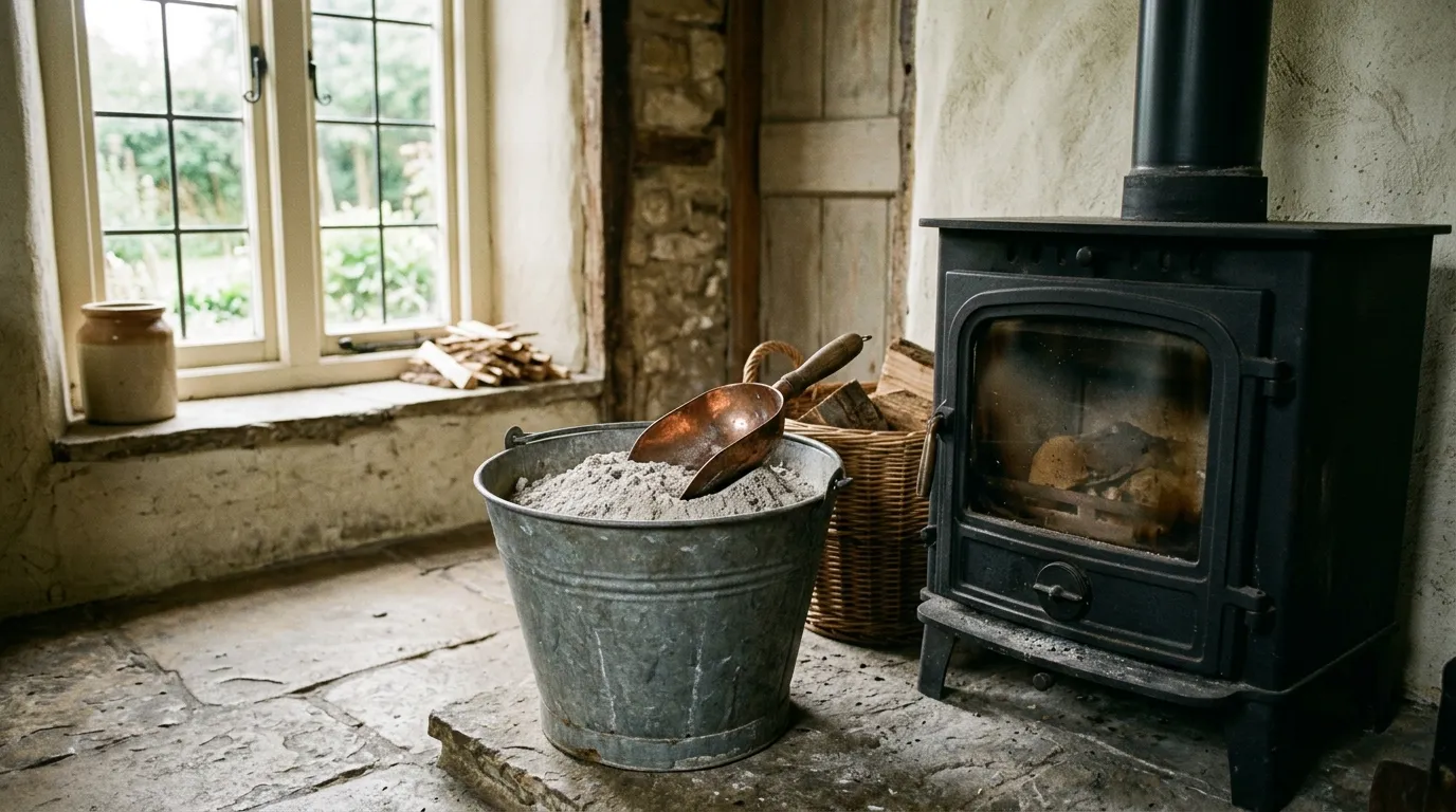 Galvanised metal bucket of pale-grey cool dry hardwood ash beside a domestic UK log burner, copper scoop resting in the ash, daylight from window