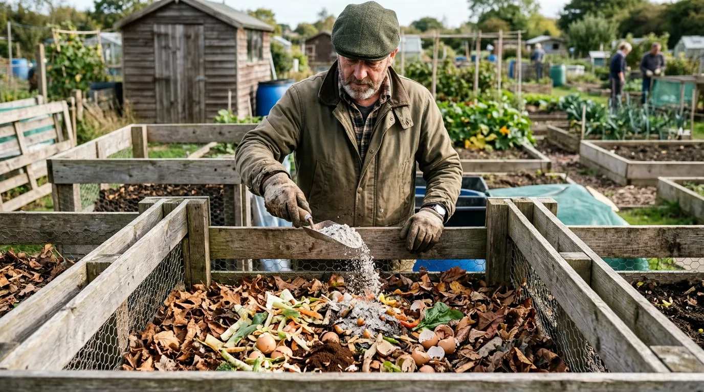 UK gardener lightly sprinkling wood ash from a trowel into a wooden three-bin compost system, layered with kitchen scraps and brown autumn leaves