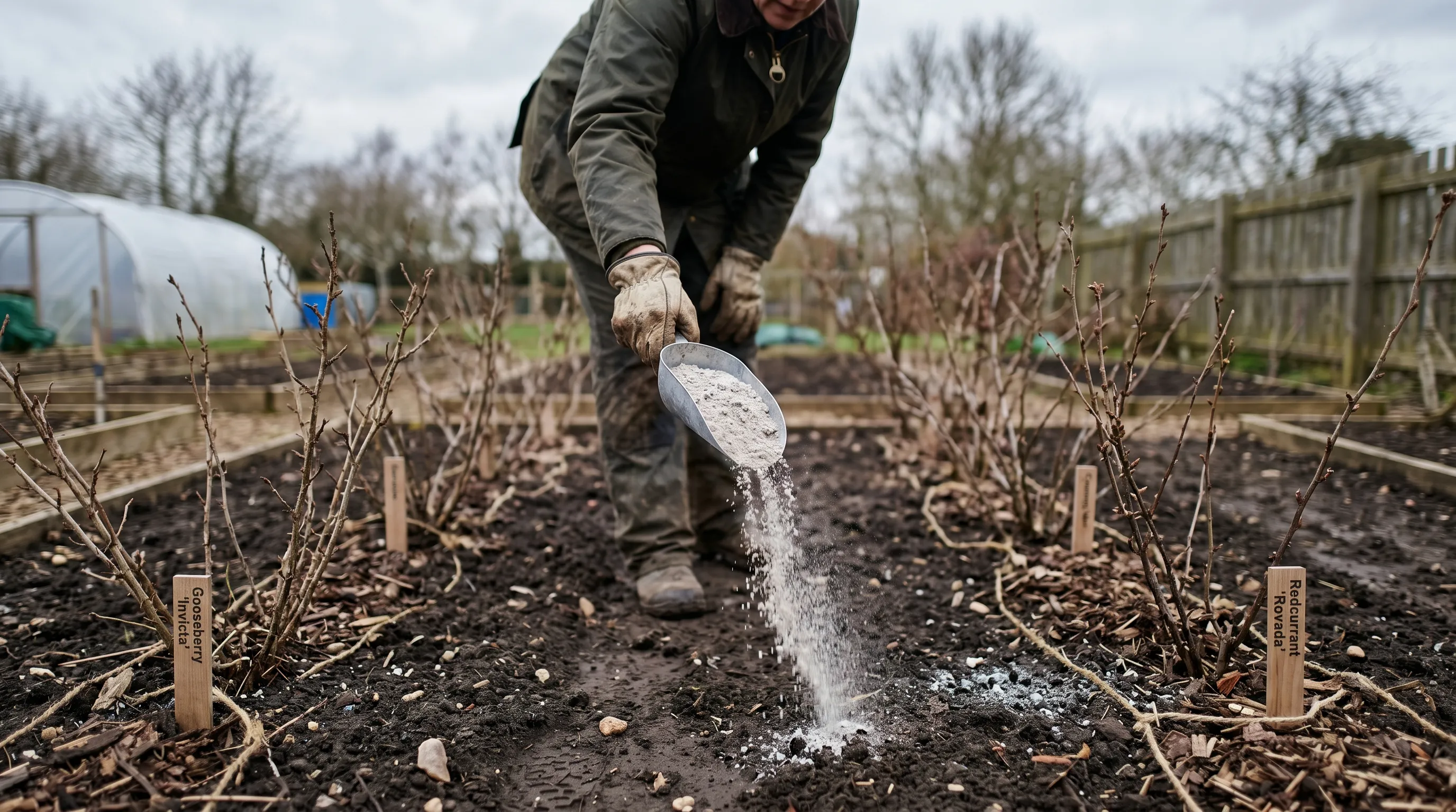 UK gardener's gloved hand scattering pale-grey hardwood ash from a metal scoop onto bare soil between gooseberry and currant rows in late winter