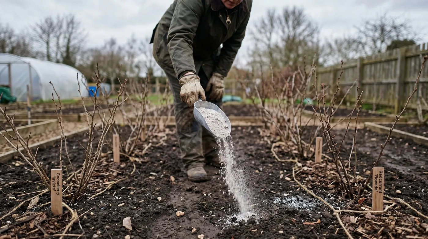 UK gardener's gloved hand scattering pale-grey hardwood ash from a metal scoop onto bare soil between gooseberry and currant rows in late winter