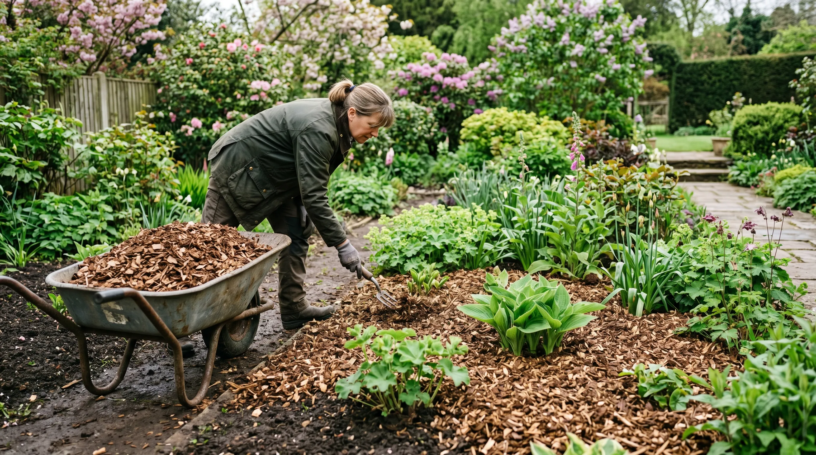 UK garden flower bed in spring being mulched with a thick layer of fresh ramial wood chip from a wheelbarrow, the chip an even brown layer over dark soil, established perennials emerging through the mulch