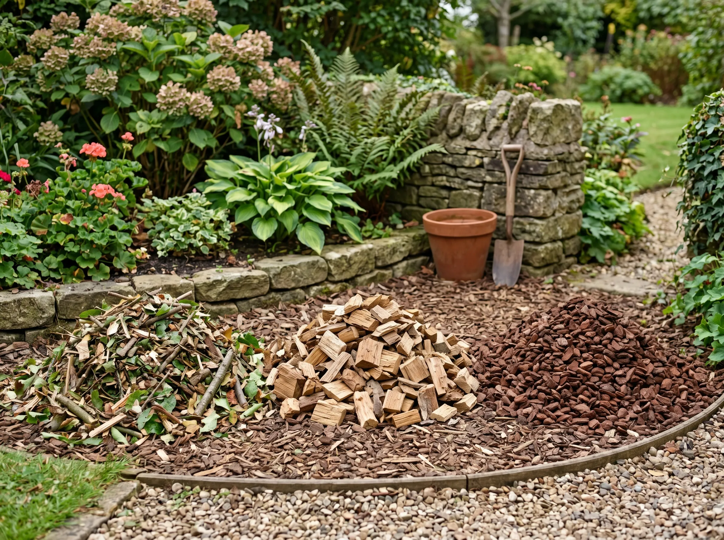 UK garden scene showing three different woodchip types laid out in three piles for comparison - on the left ramial chip with visible leaves and small twigs, in the centre mature wood chip with larger pieces, on the right bagged pine bark ornamental chip with uniform colour
