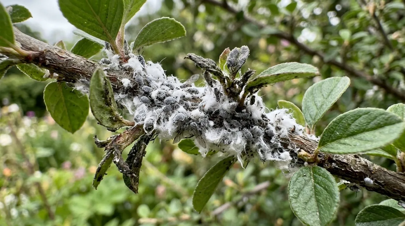 Close-up showing woolly aphid identification treatment on UK garden plant for identification