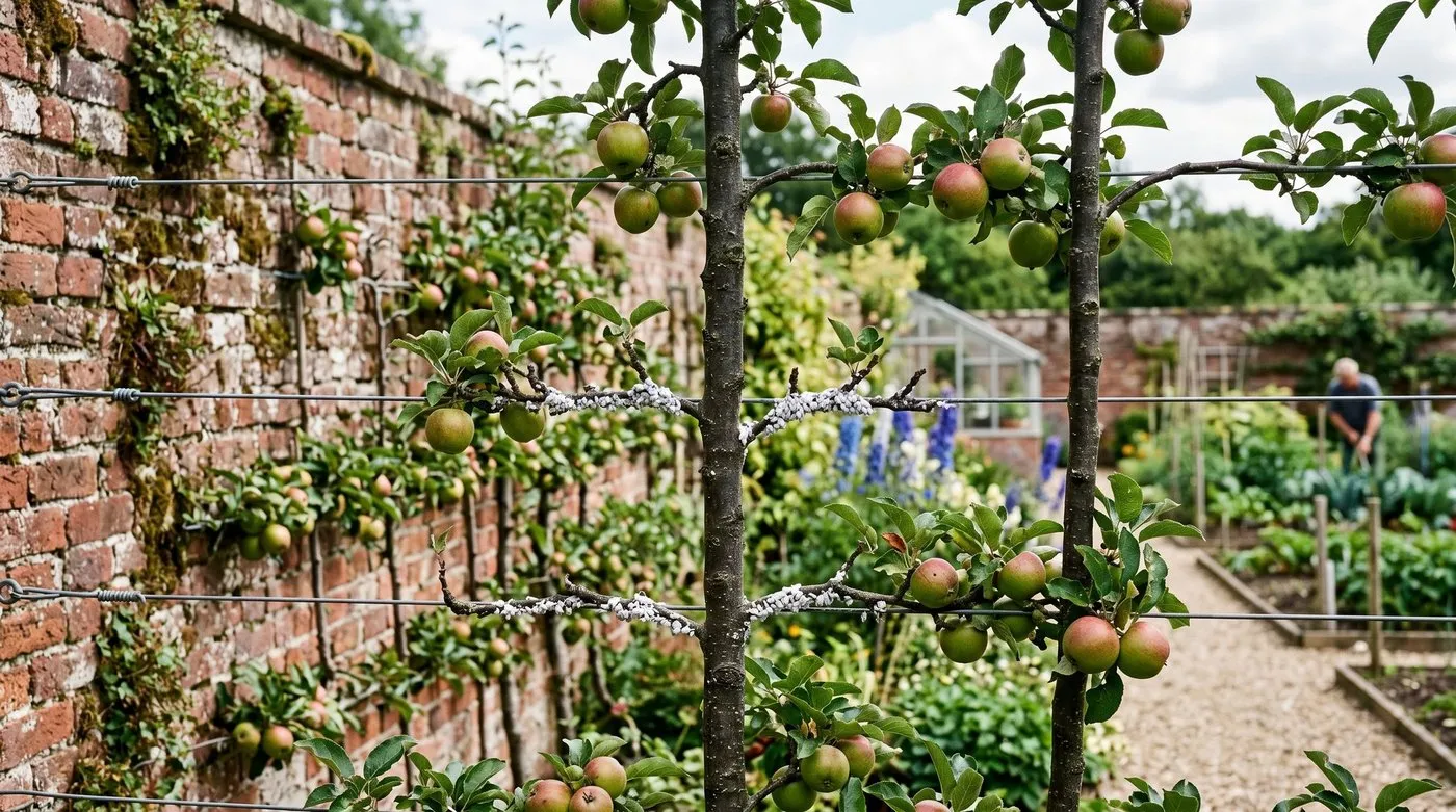 UK orchard cordon trees pruned trained against wires showing white aphid colonies vulnerability on small framework