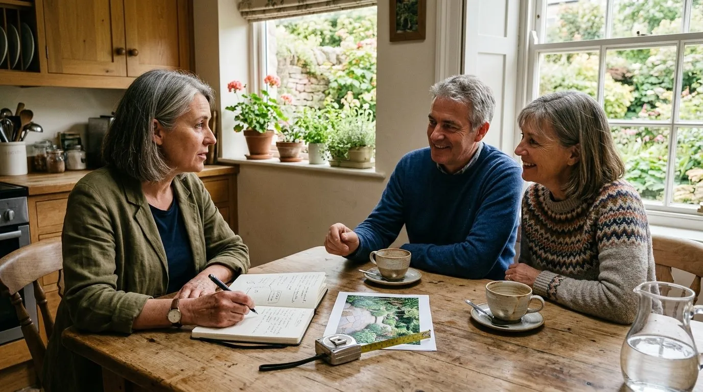 UK garden designer with notebook discussing the brief over a kitchen table with a homeowner during the working with a garden designer process