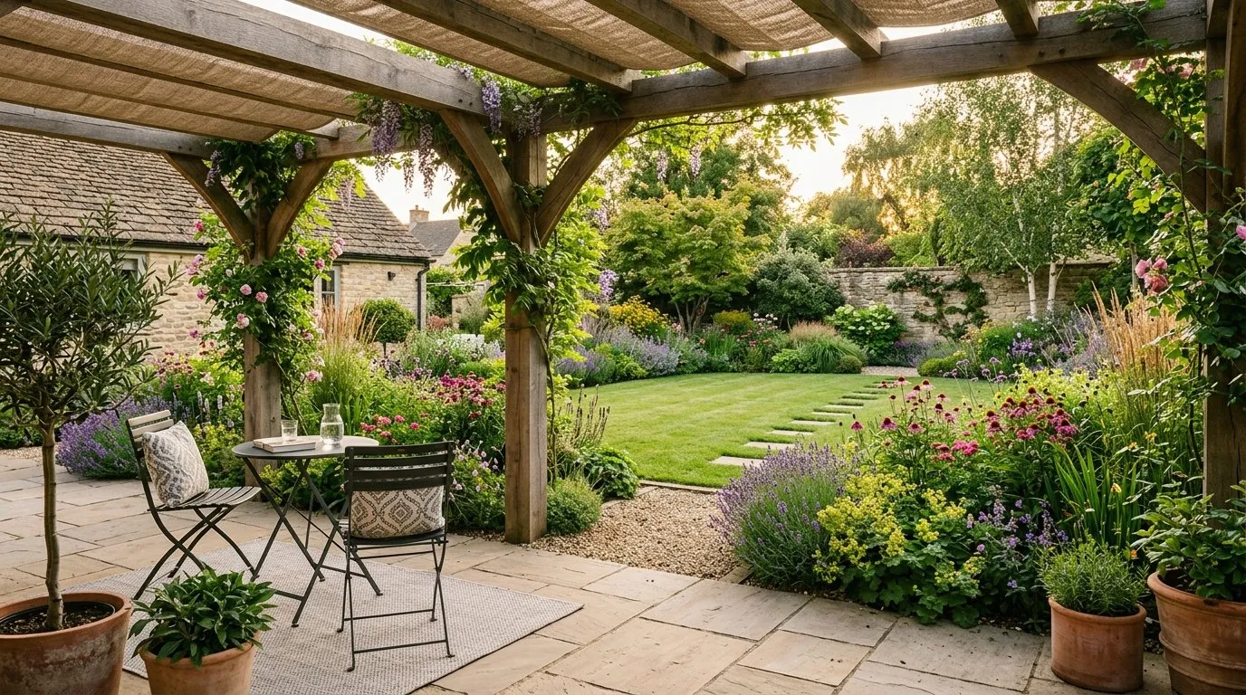 Finished UK back garden with stone patio mixed planting borders and built features matching the original design plan