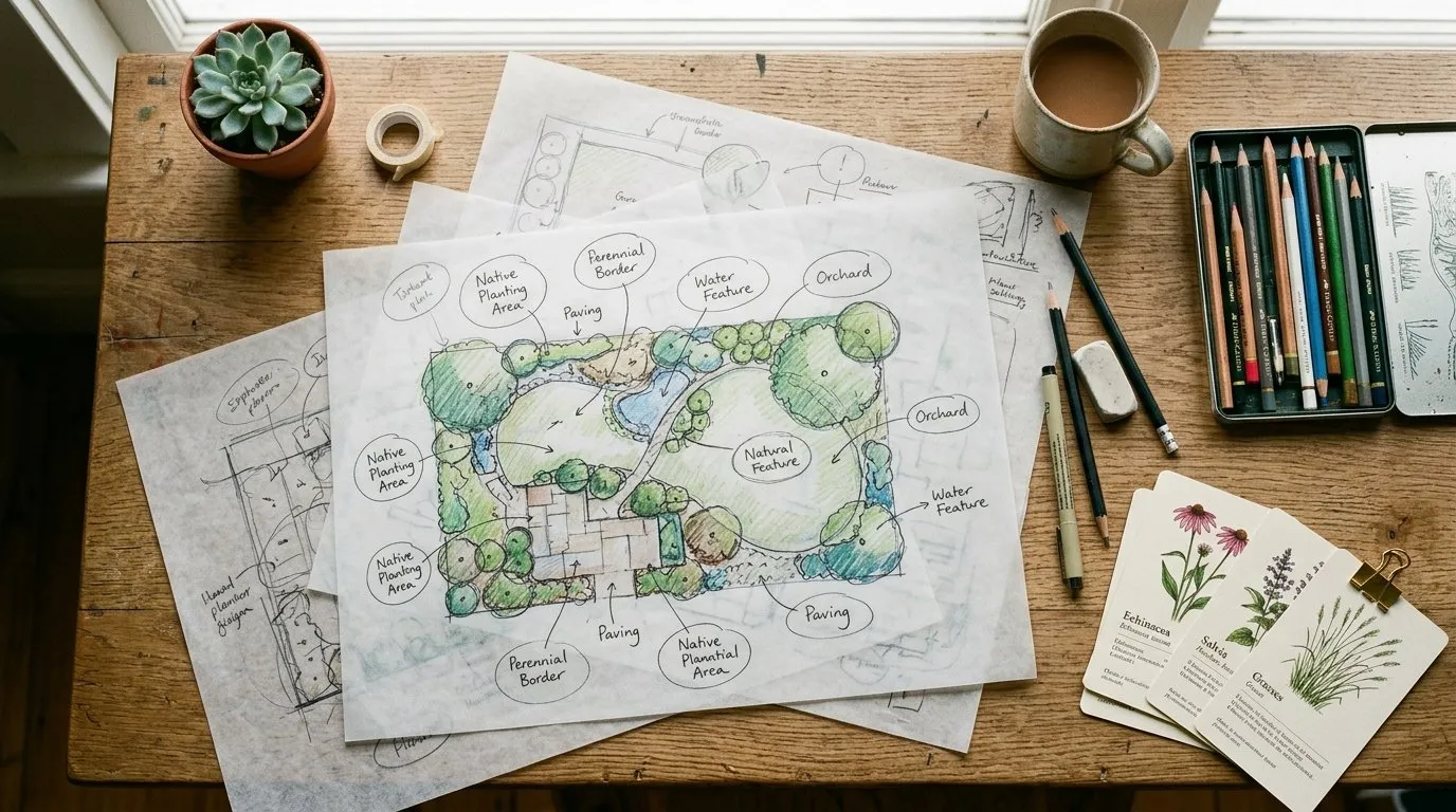 Garden designer concept sketches showing zone layout and bubble diagrams on a desk during the UK garden design process