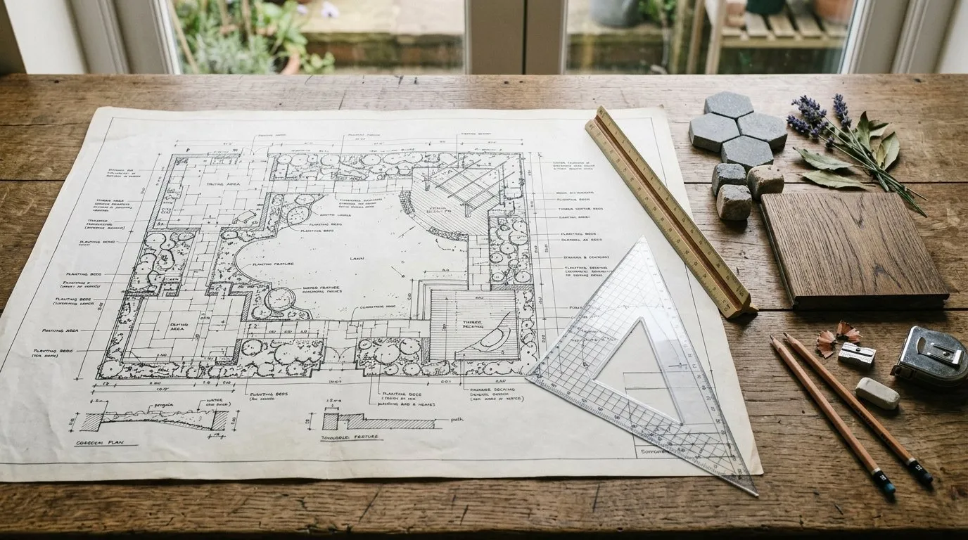 Detailed UK garden plan with scaled drawings material specifications and dimensions on a designer's desk