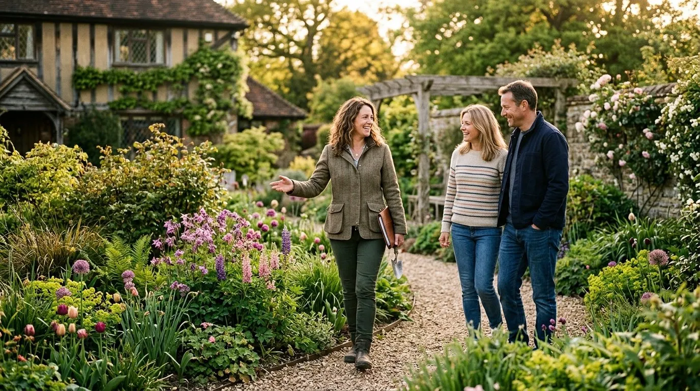 UK garden designer walking the garden with a homeowner during the brief stage of working with a garden designer