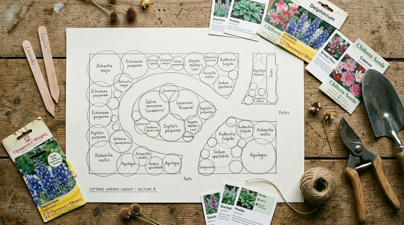 UK garden planting plan with Latin plant names quantities and pot sizes annotated on a scaled drawing