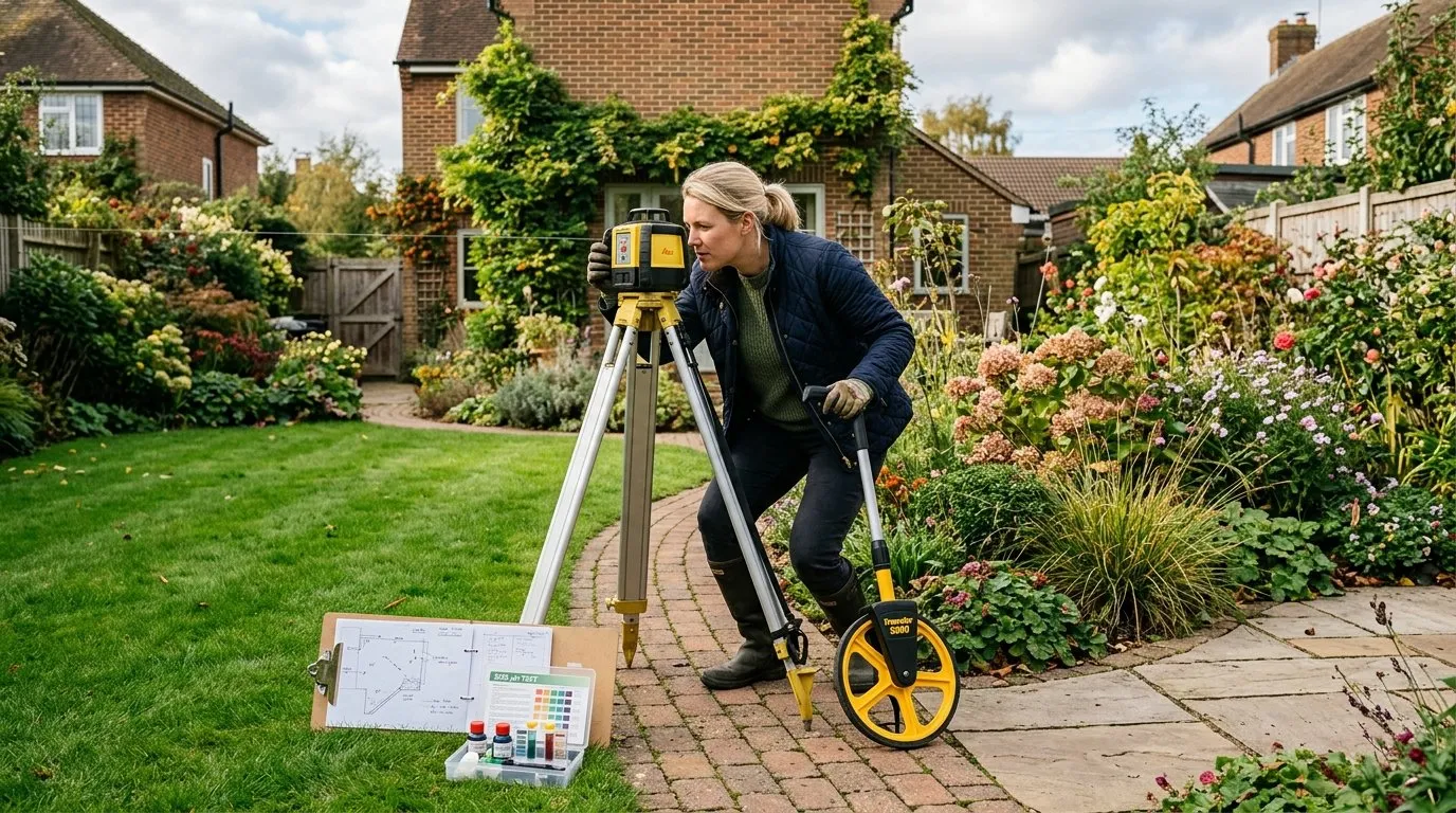 Garden designer taking detailed measurements with a tape and laser level during the site survey stage of the UK garden design process
