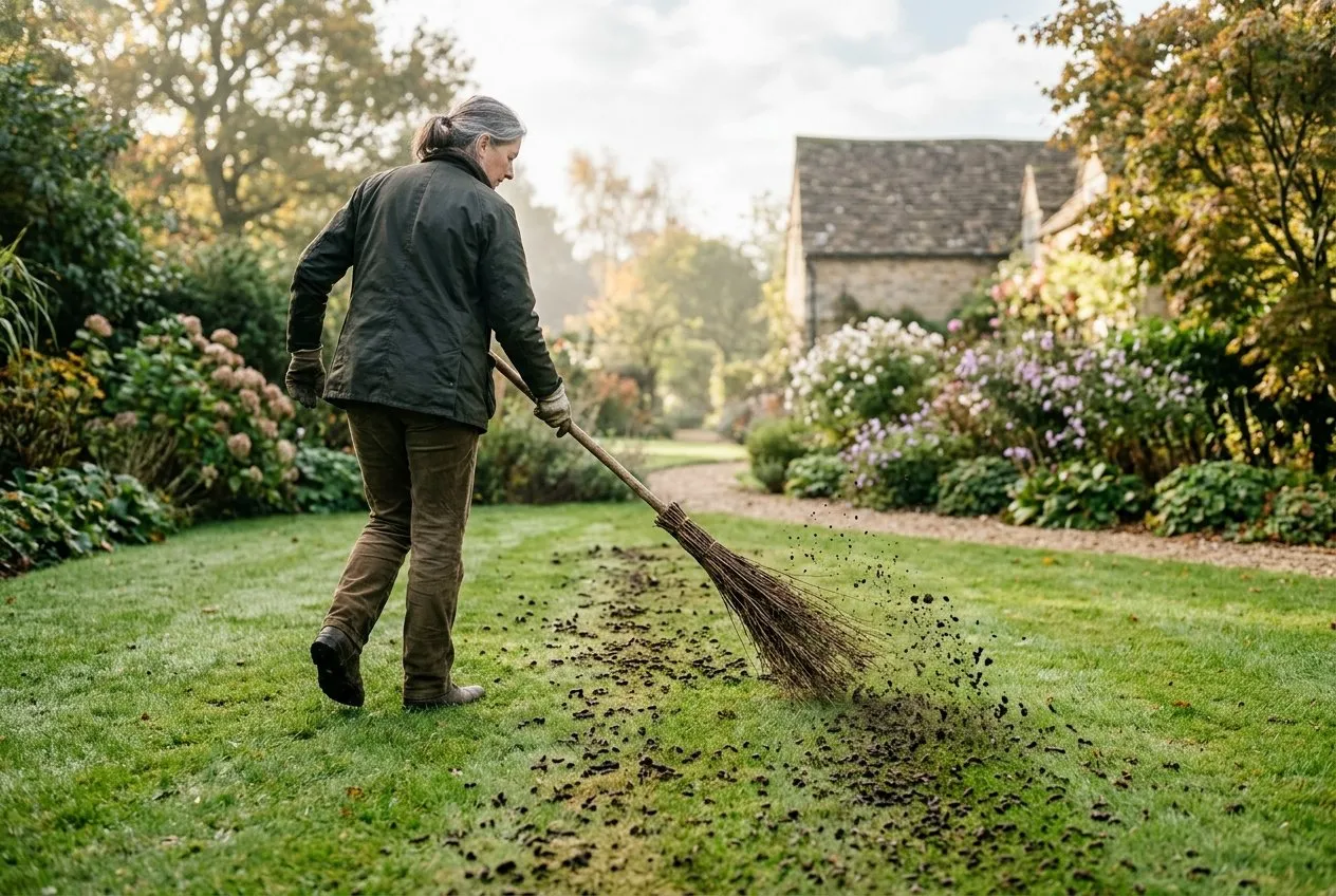 A gardener dragging a stiff besom broom across a lawn on a dry morning to switch dried worm casts flat and disperse them into the grass
