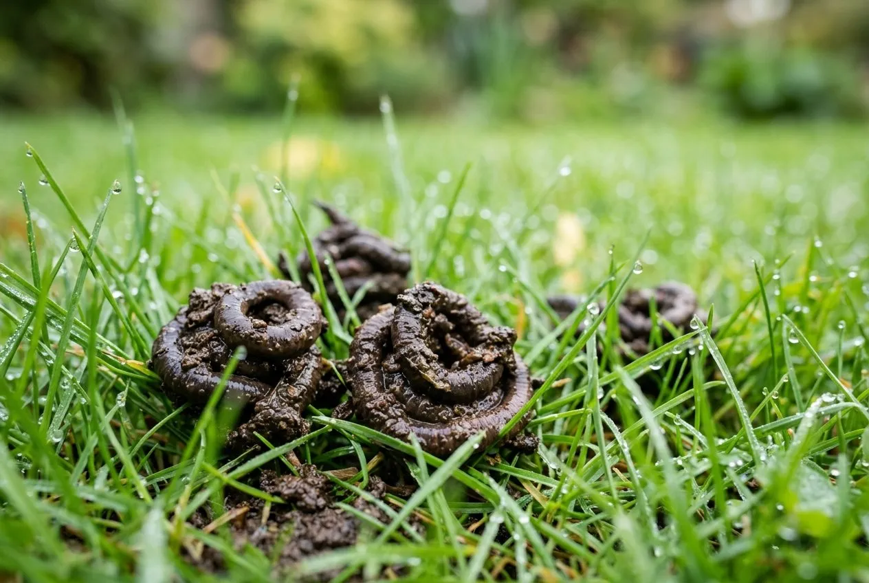 A close view of fresh muddy worm casts scattered across a green lawn on a dewy autumn morning, each cast a small coiled heap of soil