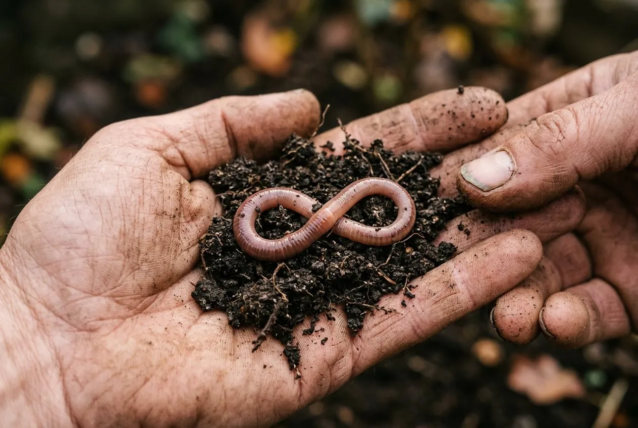 A close-up of a healthy pink earthworm in dark crumbly soil held in a gardener's hand, showing the living soil beneath a wormy lawn