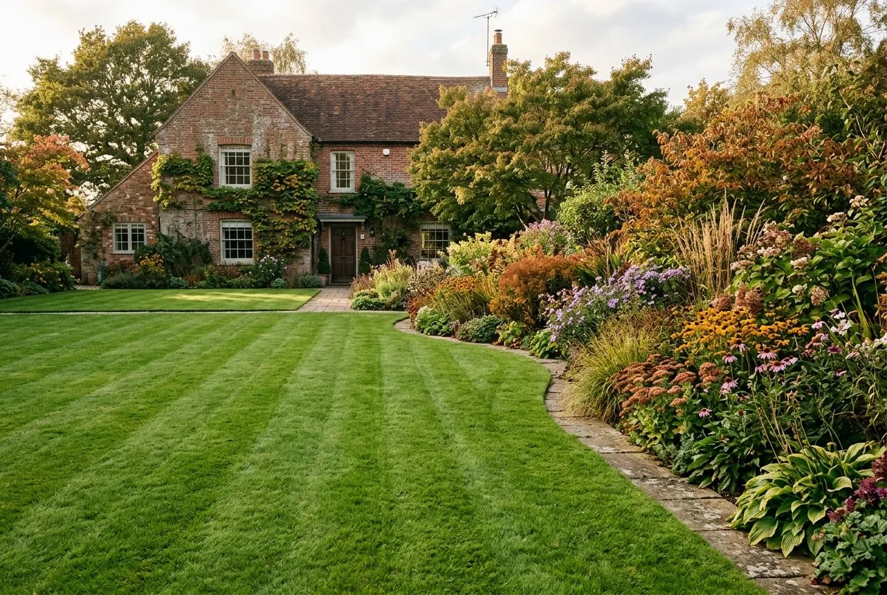 A healthy, even green lawn in soft autumn light after brushing, with a garden border and house behind, no muddy patches visible
