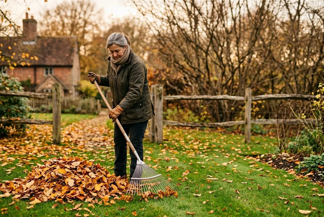 A gardener raking fallen autumn leaves off a green lawn into a pile, clearing the worm food that drives heavy surface casting