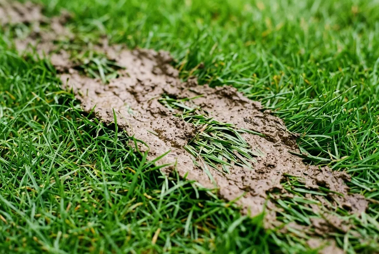 A flat brown smear of mud across green grass where a wet worm cast has been crushed by a mower roller, the grass beneath smothered