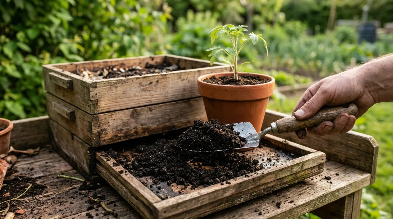 Dark worm castings being harvested from the bottom tray of a wormery