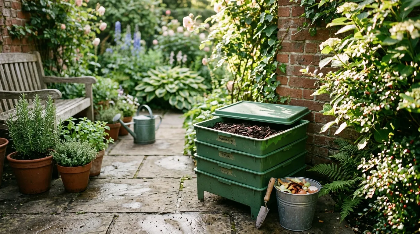 Wormery setup with composting worms processing kitchen scraps in a UK garden