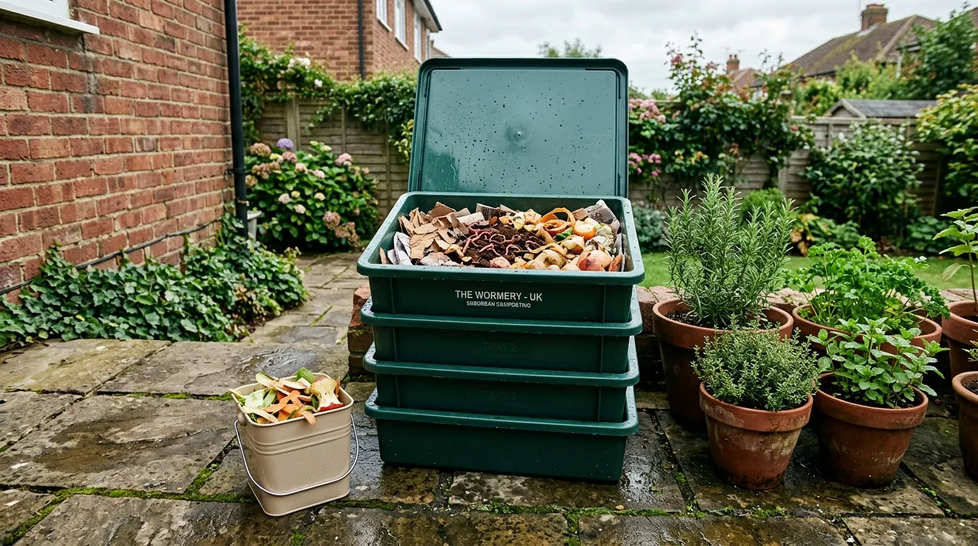 Stacking tray wormery on a UK patio with lid open showing bedding layers