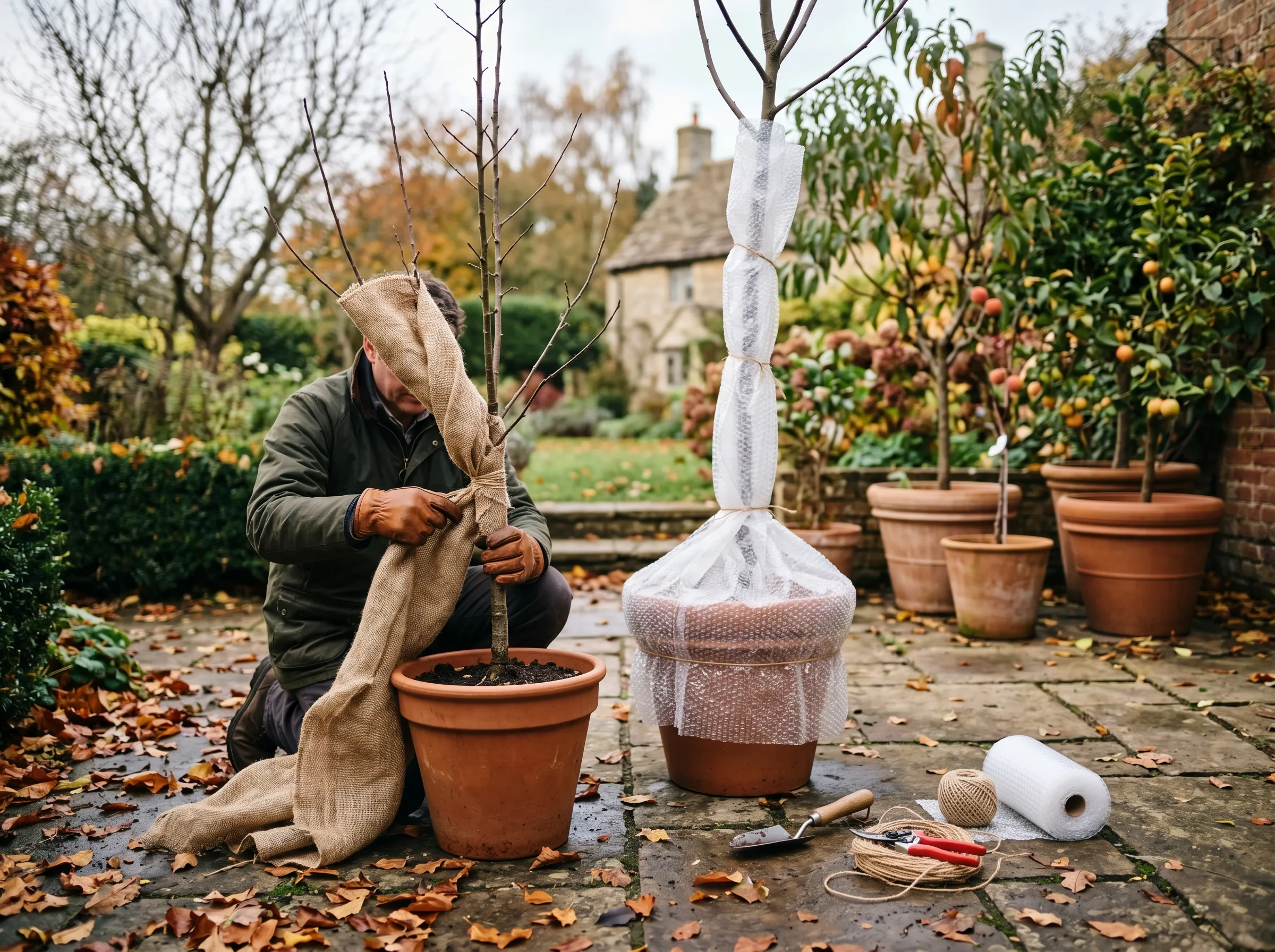 UK garden patio in late autumn showing a row of pot fruit trees being prepped for winter - one being wrapped in hessian fabric by gloved hands, another with bubble-wrap already applied, several mature trees in pots visible in soft focus background