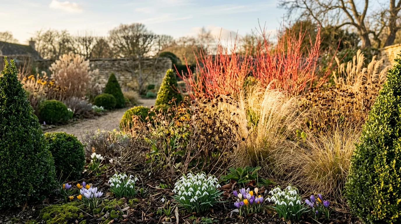 Year-round interest garden planting showing red cornus stems, spring bulbs, ornamental grasses, and box topiary in a UK border