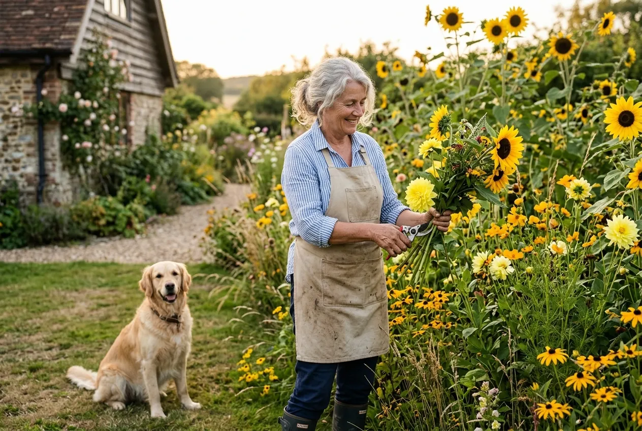Best yellow flowers in a summer UK garden with a woman cutting dahlias and sunflowers, golden retriever on lawn