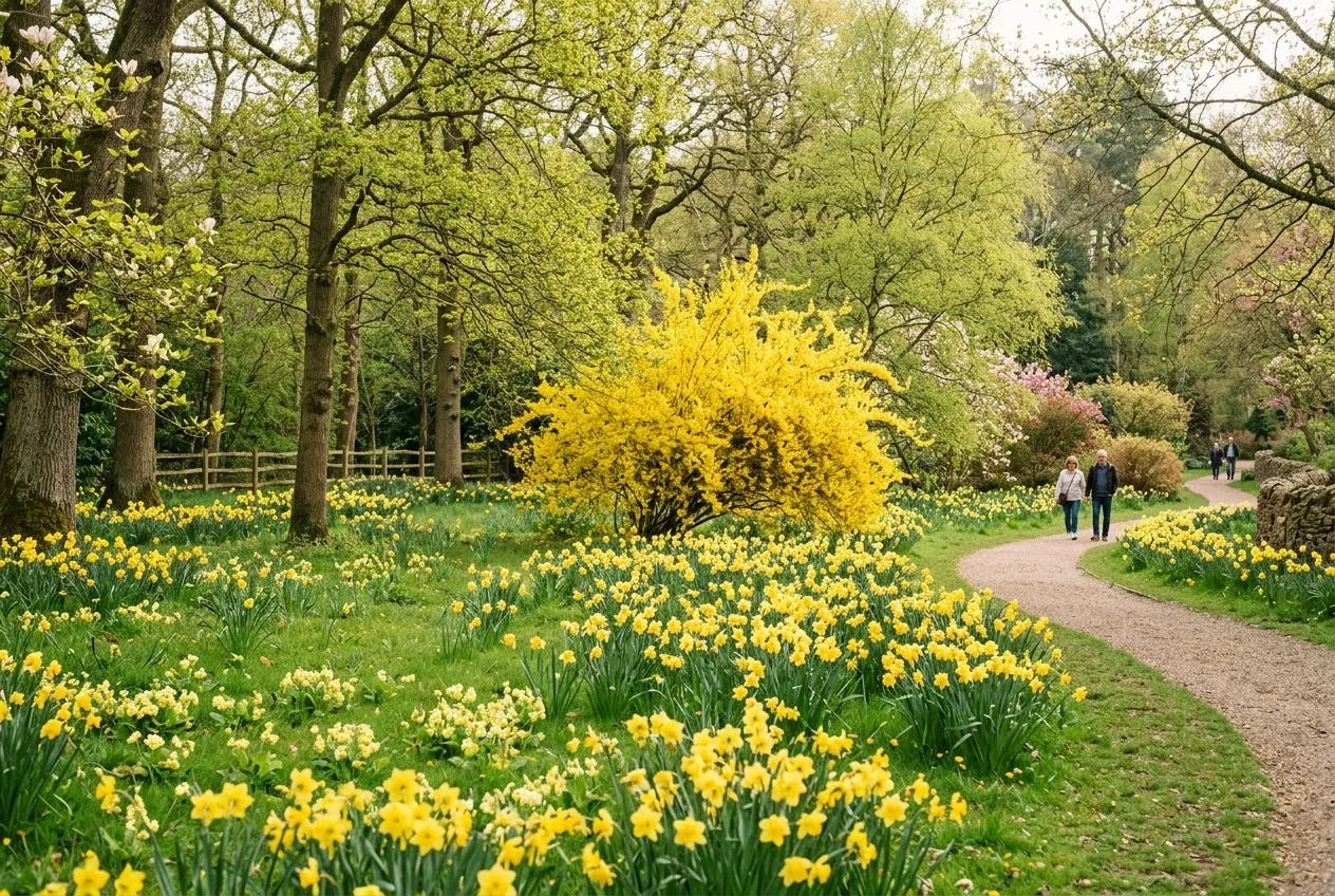 Best yellow flowers for spring with masses of daffodils and forsythia in a UK park-like garden