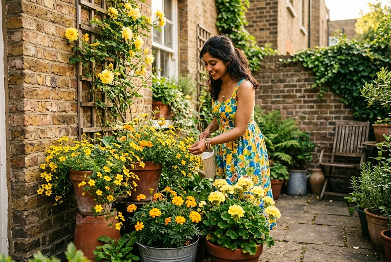 Best yellow flowers for containers in a small urban courtyard garden with trailing bidens and marigolds