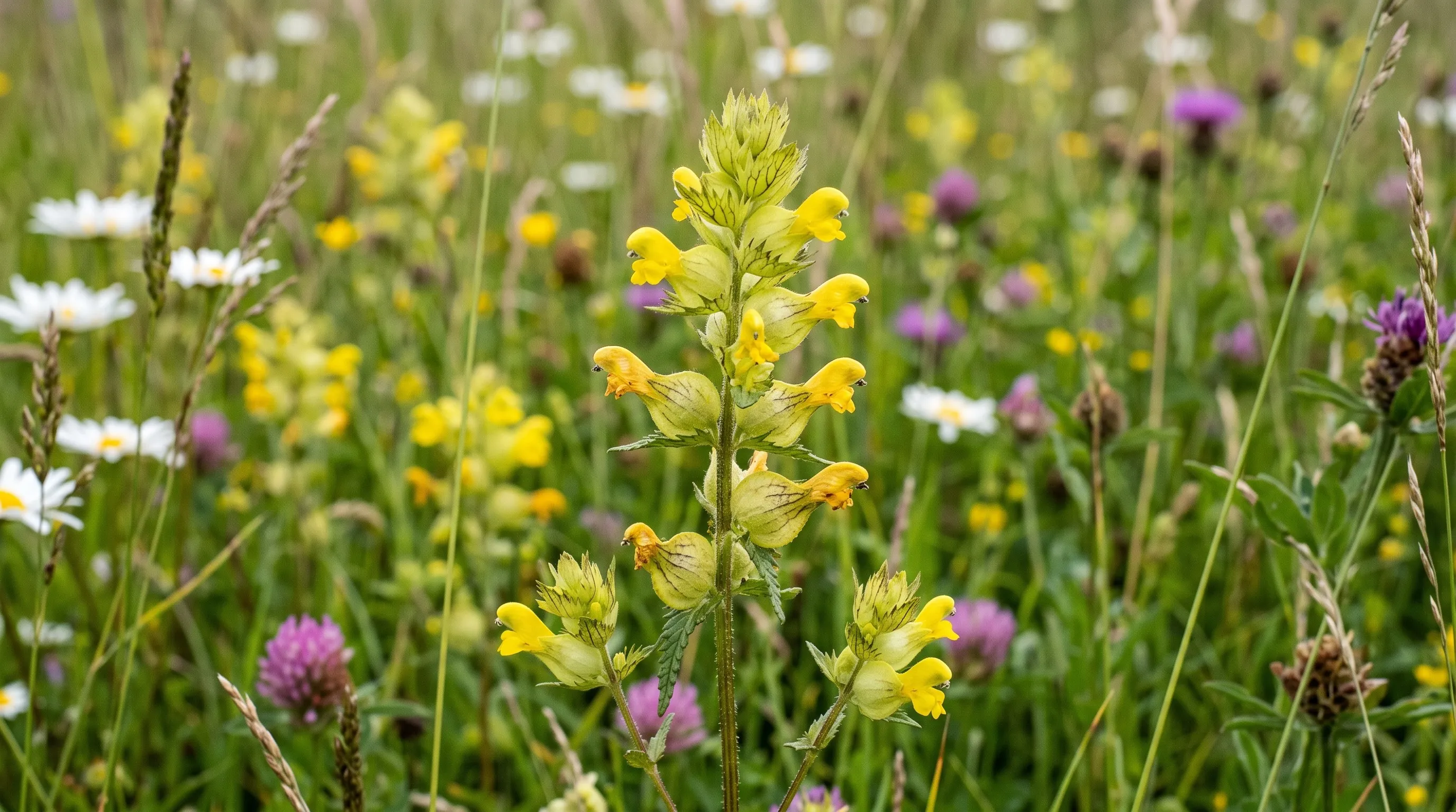 Close-up of yellow rattle flower spikes with small hooded yellow flowers in a summer meadow