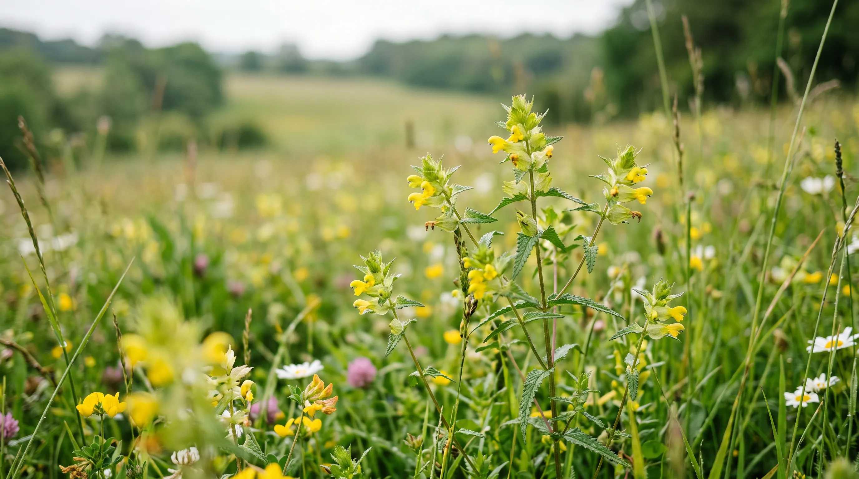 A species-rich UK wildflower meadow with yellow rattle and ox-eye daisies in full summer flower