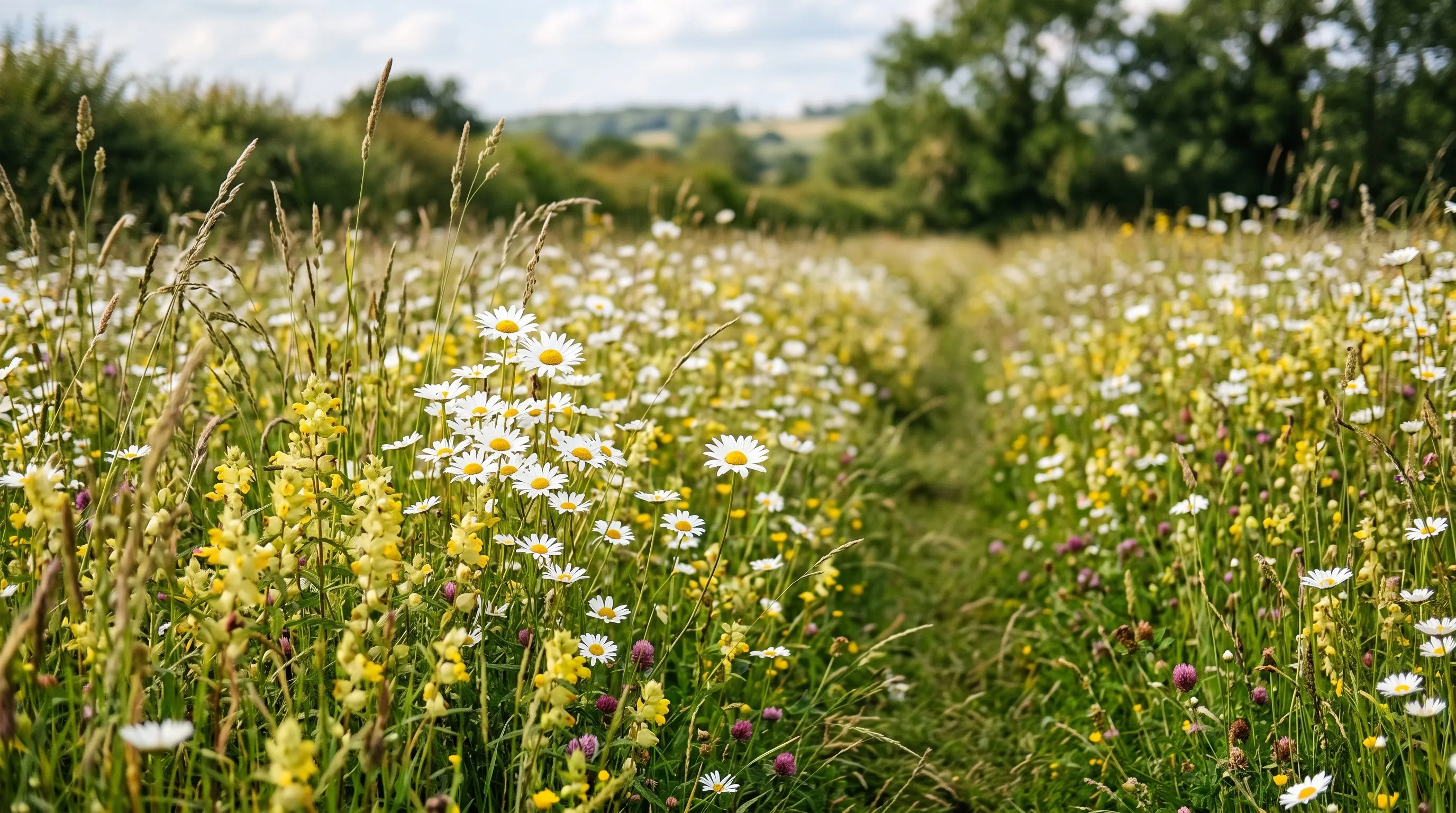 A species-rich UK wildflower meadow in full summer bloom with white ox-eye daisies and yellow rattle