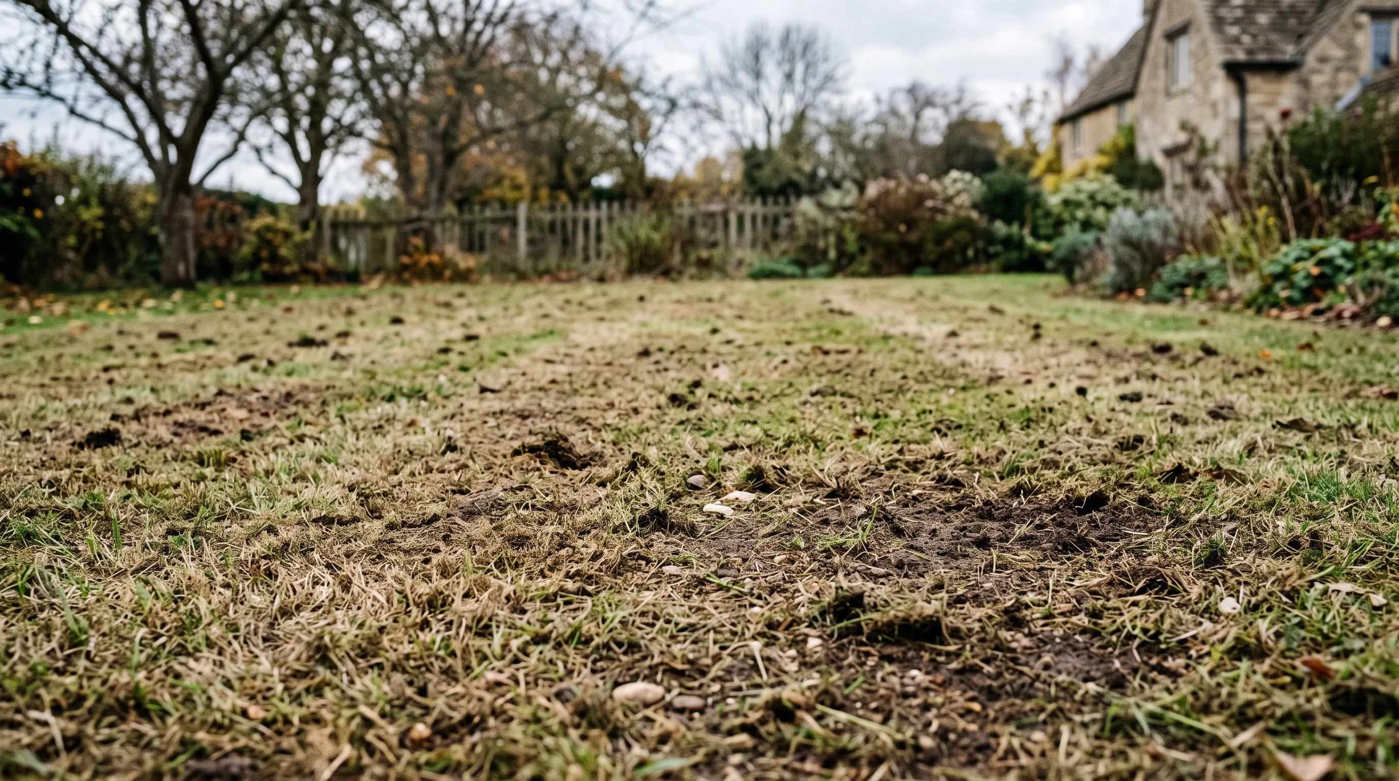 A closely scalped very short autumn lawn with patches of bare soil showing, ready for seed sowing