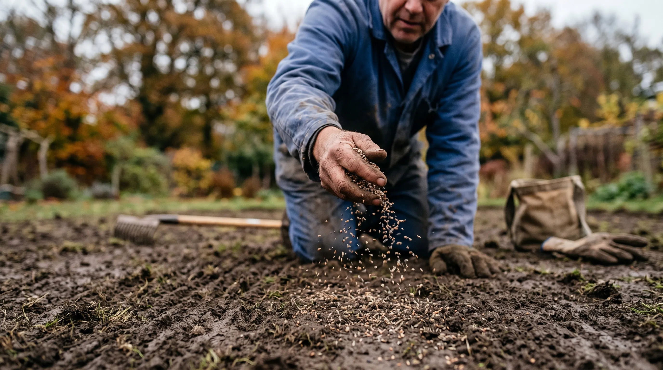A gardener's hand scattering fine yellow rattle seed onto a scalped bare-soil lawn in autumn