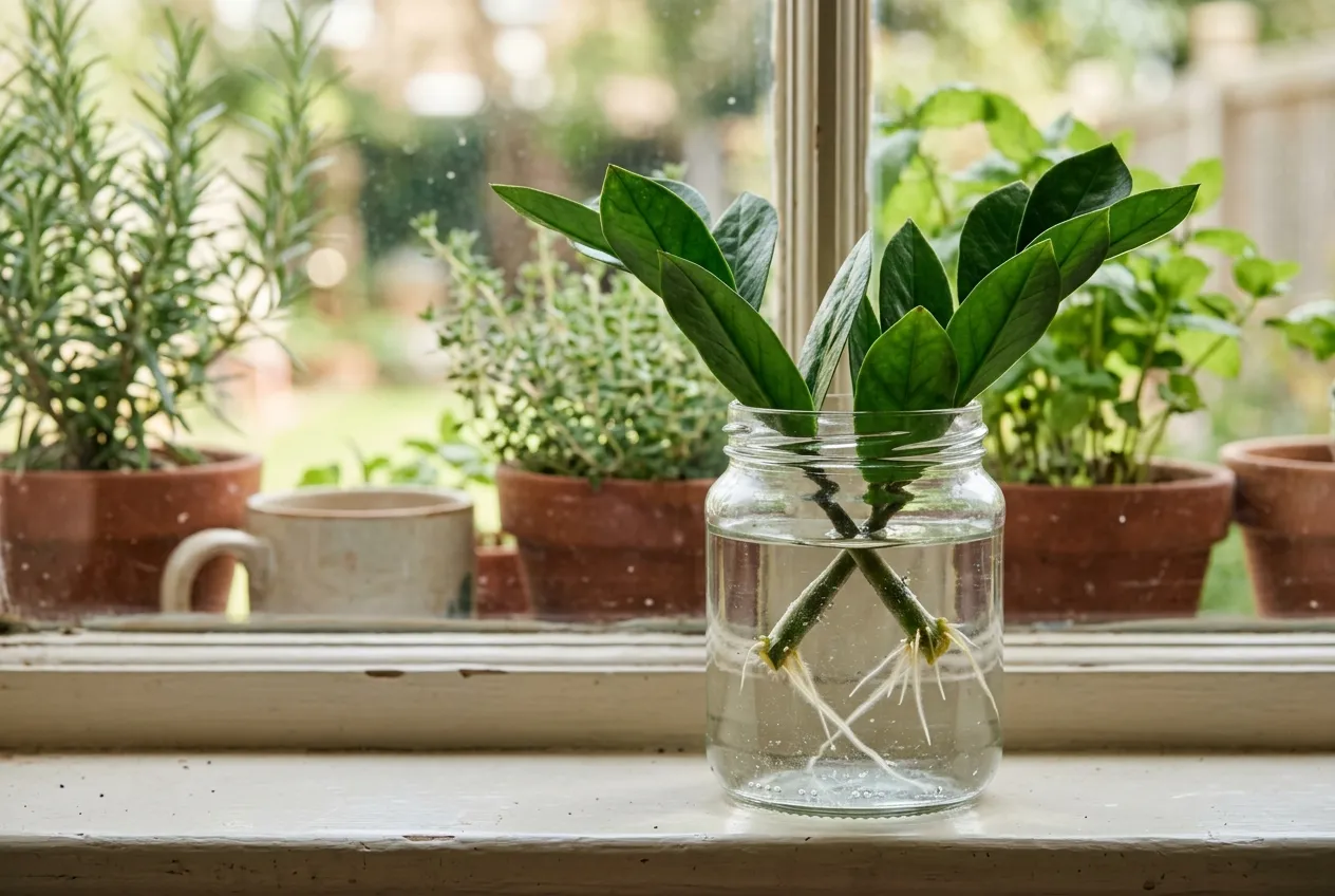 ZZ plant leaf cuttings propagating in water with visible root development on a UK windowsill