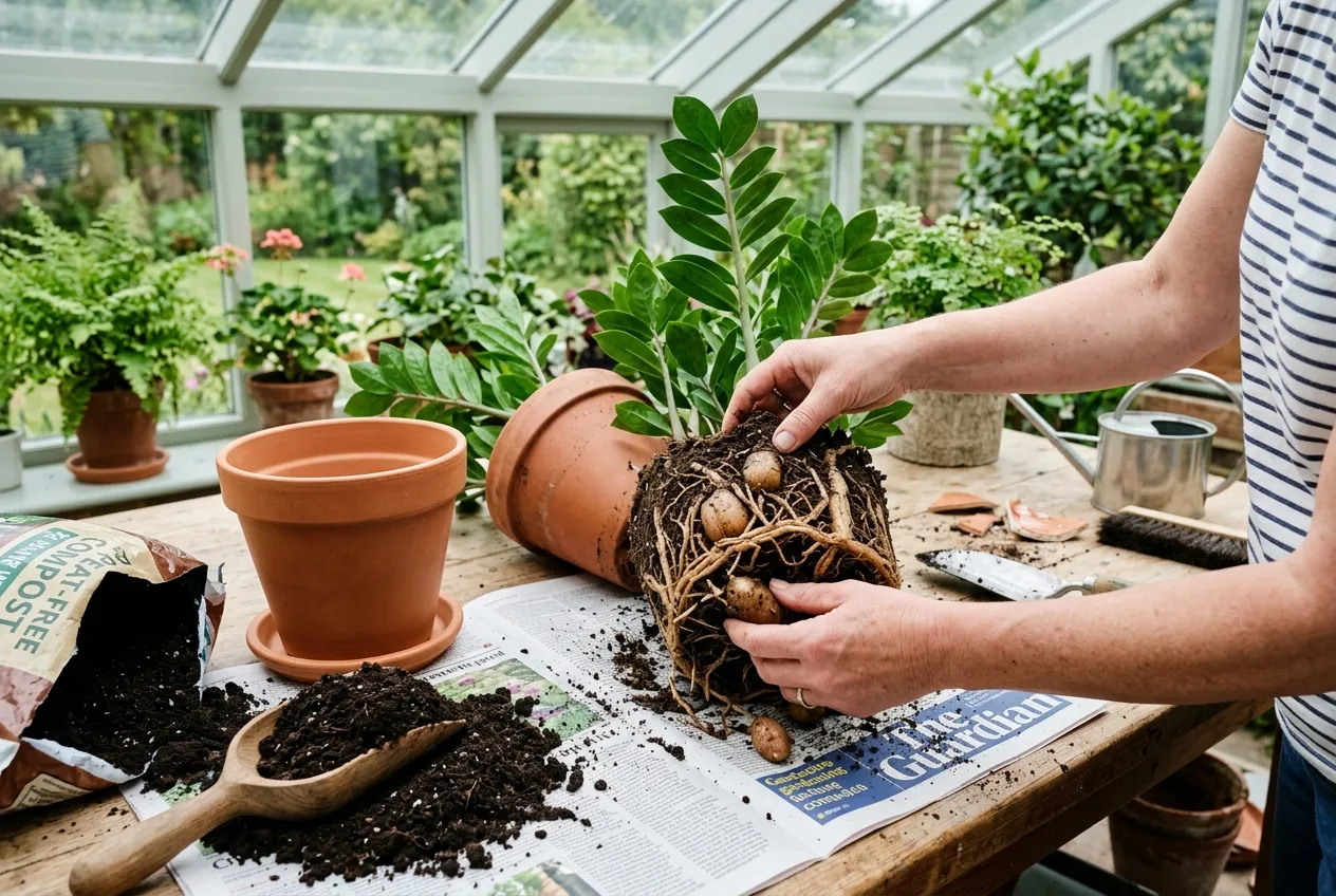 ZZ plant being repotted showing potato-like rhizome tubers visible in the root ball