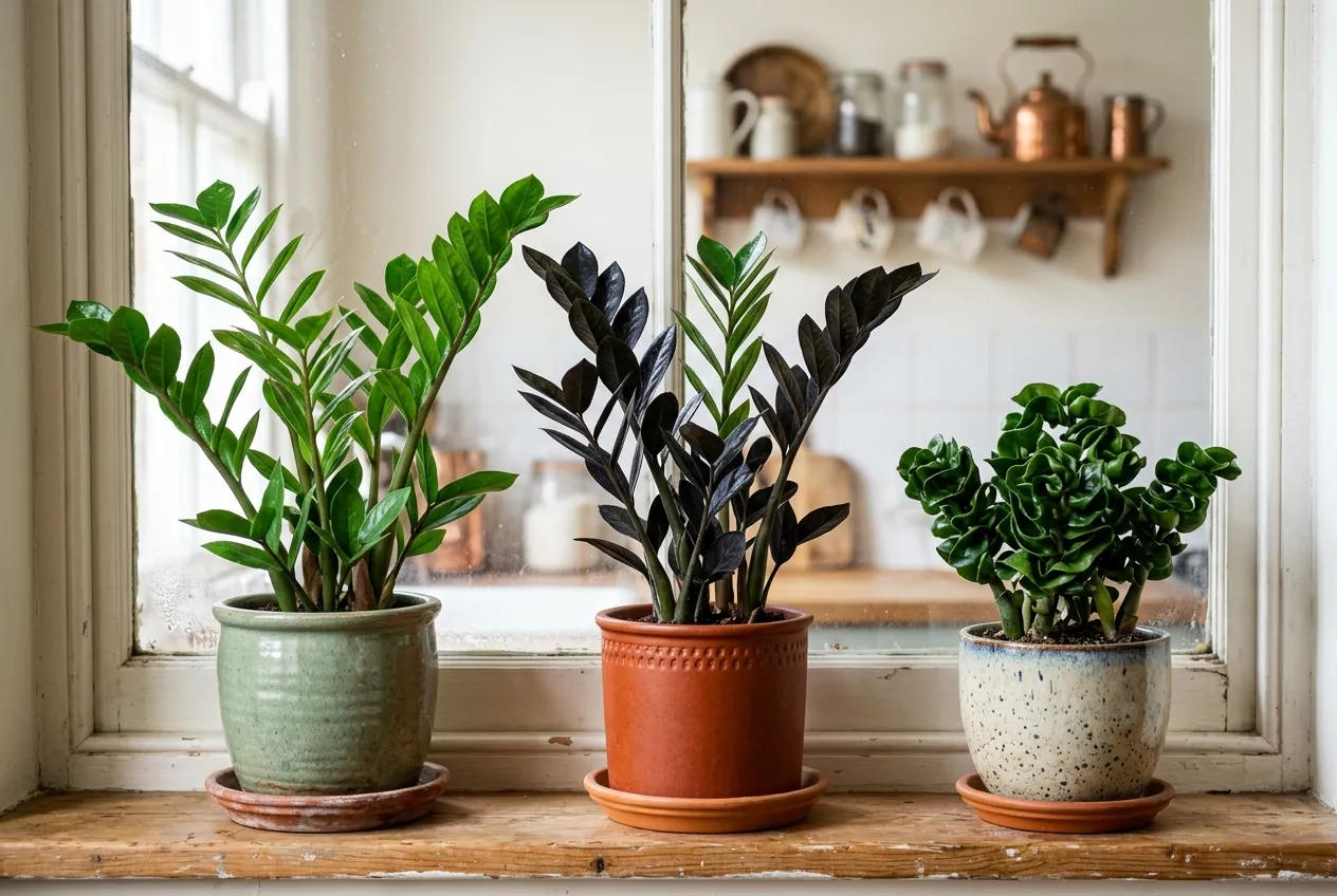 Three ZZ plant varieties side by side showing regular green, dark Raven, and compact Zenzi dwarf